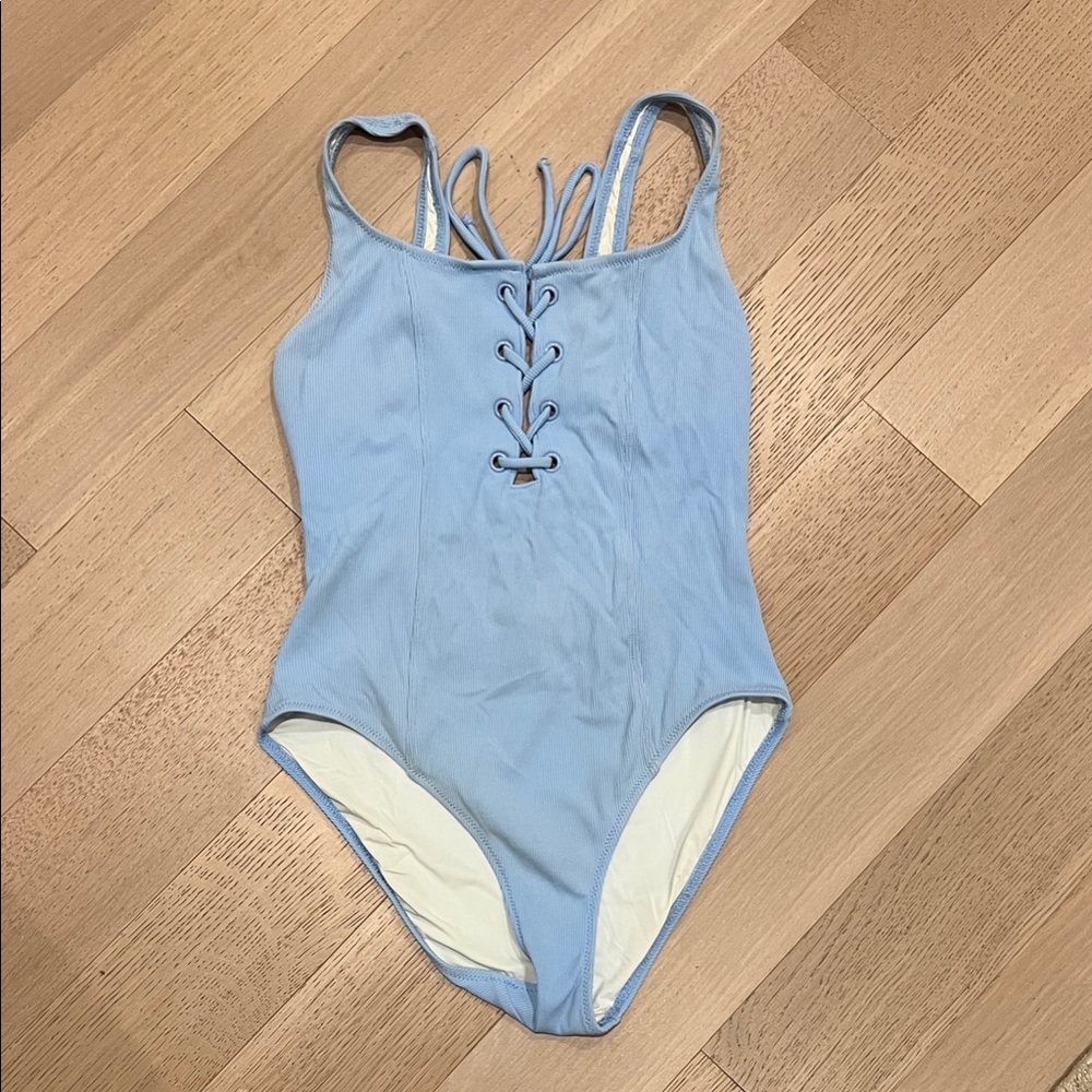 STAUD Light Blue Lace-Up One-Piece Swimsuit